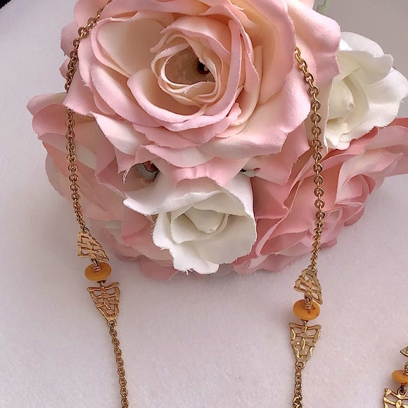 🍂🧡Vintage Orange Amber Bead & Gold Leaves Necklace Fairycore - Picture 4 of 6